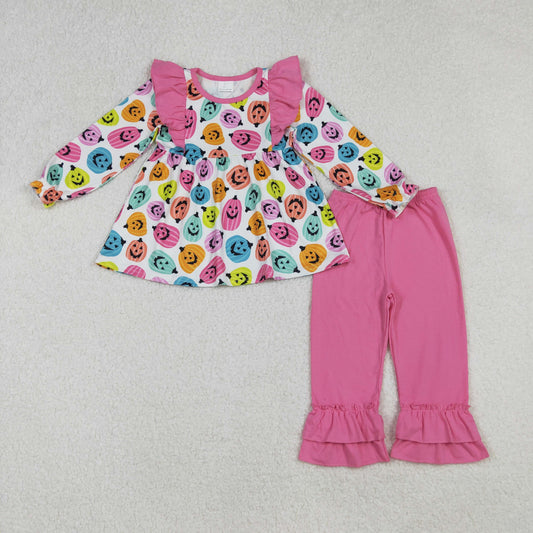 GLP2569 Halloween Pumpkin Ghost Rose Red Ruffle Long Sleeve Top Pants Girls Set 202509 RTS