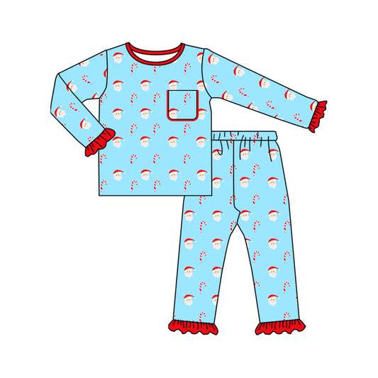 Preorder GLP2574 Sibling Christmas Claus Blue Pocket Long Sleeve Top Pants Pajamas Girls Set 202507