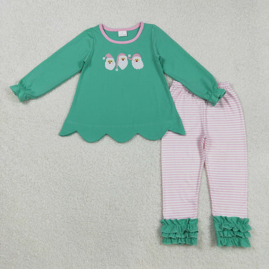GLP2575 Embroidered Sibling Christmas Claus Blue Green Long Sleeve Top Stripe Pants Girls Set 202508 RTS