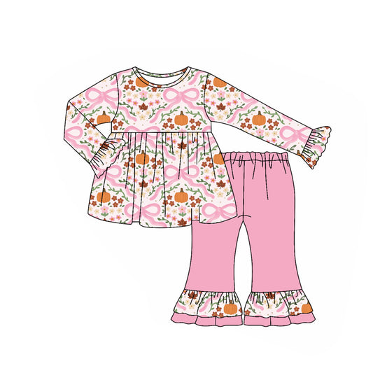 Preorder GLP2577 Pumpkin Bows Flower Pink Ruffle Long Sleeve Top Pants Girls Set 202507