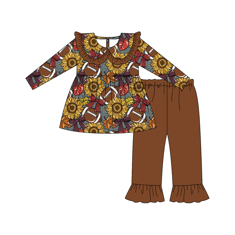 Preorder GLP2579 Rugby Sunflower Bow Pattern Brown Ruffle Long Sleeve Top Pants Girls Set 202507