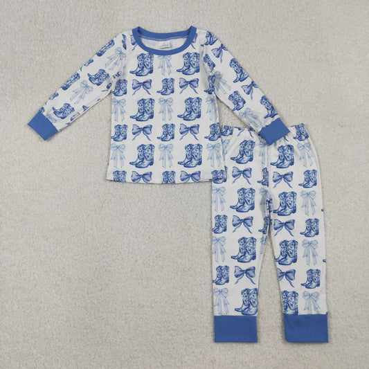 GLP2583 Bows Boots Blue Long Sleeve Pants Pajamas Set Girls 202509 RTS