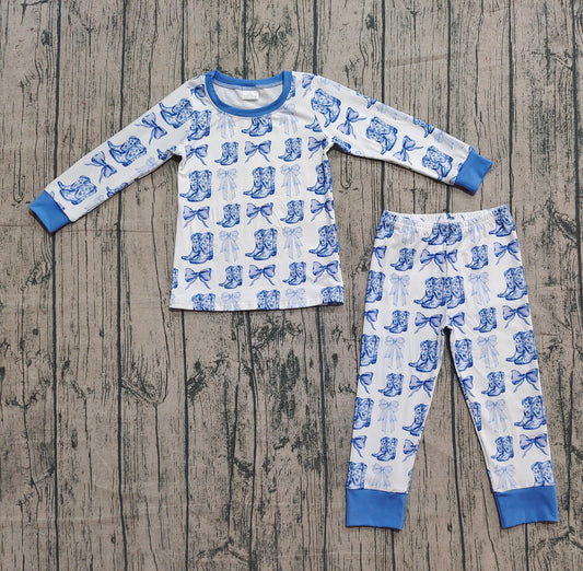 GLP2583 Bows Boots Blue Long Sleeve Pants Pajamas Set Girls 202509 RTS