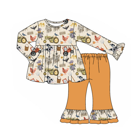 Preorder GLP2585 Halloween Ghost Farm Animals Beige Ruffle Long Sleeve Orange Pants Set Girls 202507