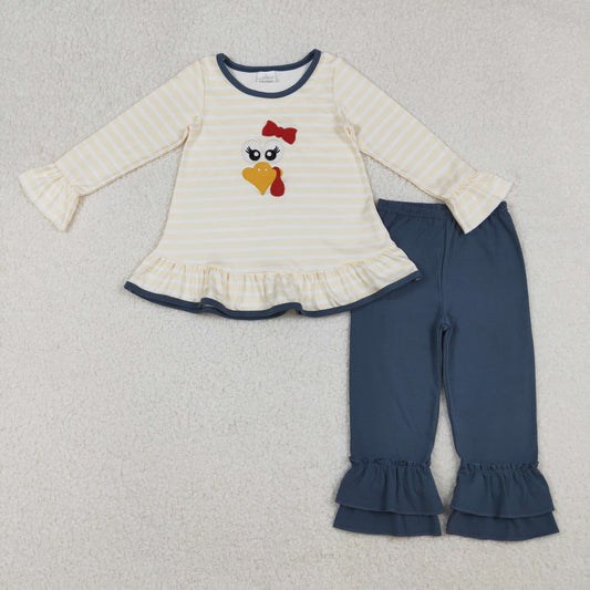 GLP2588 Embroidered Turkey Stripe Beige Ruffle Long Sleeve Pants Set Girls 202509 RTS