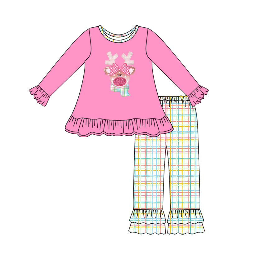 Preorder GLP2589 Bows Reindeer Pink Ruffle Long Sleeve Pants Set Girls 202507