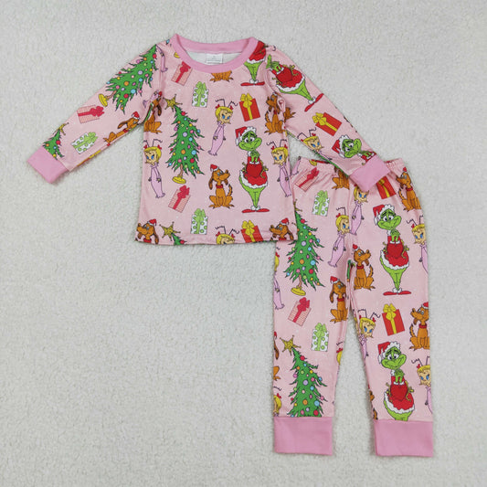 GLP2591 Cartoon Grinch Girls Puppy Christmas Tree Pink Long Sleeve Pants Pajamas Set 202508 RTS
