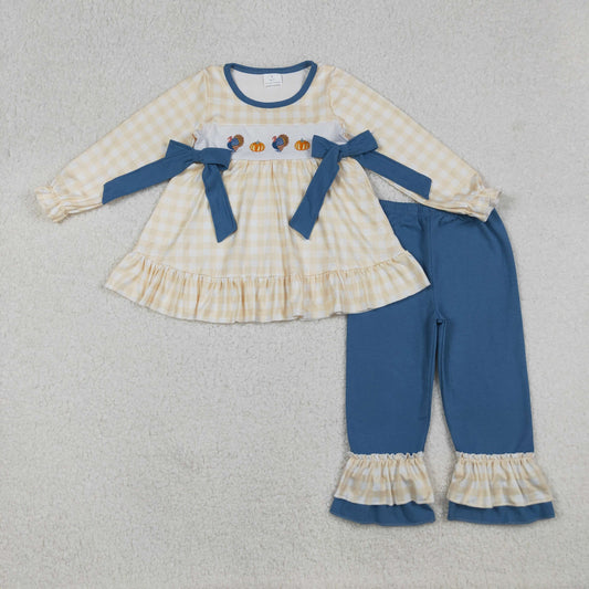 GLP2594 Embroidered Thanksgiving Pumpkin Turkey Beige Plaid Ruffle Long Sleeve Blue Pants Girls Set 202509 RTS