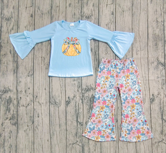 Preorder GLP2596 Embroidered Pumpkin Bows Floral Blue Flare Long Sleeve Pants Girls Set 202508
