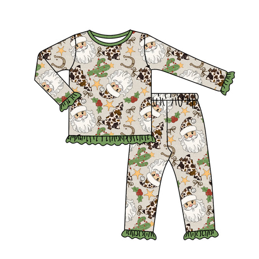 Preorder GLP2603 Christmas Claus Green Ruffle Long Sleeve Pants Pajamas Girls Set 202507