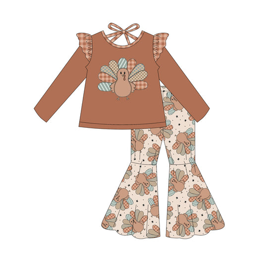 Preorder GLP2605 Thanksgiving Turkey Plaid Ruffle Brown Long Sleeve Pants Girls Set 202507