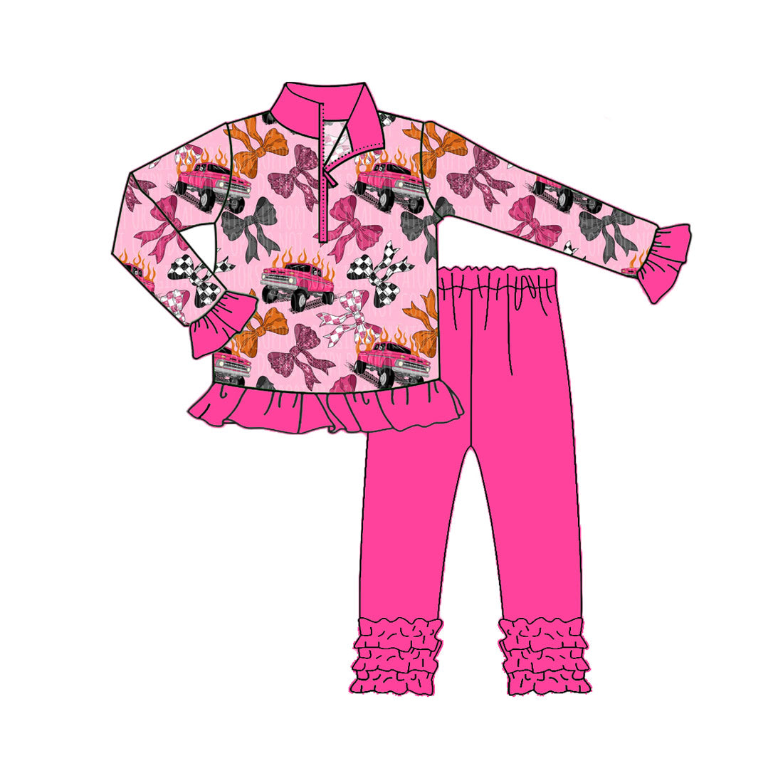Preorder GLP2608 Cars Bows Rose Red Ruffle Zippy Long Sleeve Pants Girls Set 202507