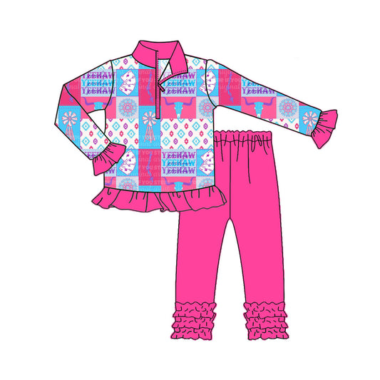 Preorder GLP2609 Alpine Bull Head Poker Cards Geometric Pattern Rose Red Ruffle Zippy Long Sleeve Pants Girls Set 202507
