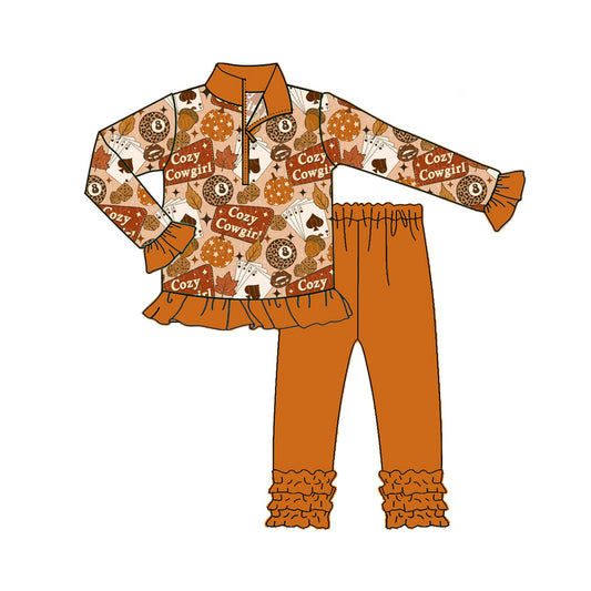 Preorder GLP2610 Cowgirl Poker Cards Brown Ruffle Zippy Long Sleeve Pants Girls Set 202507