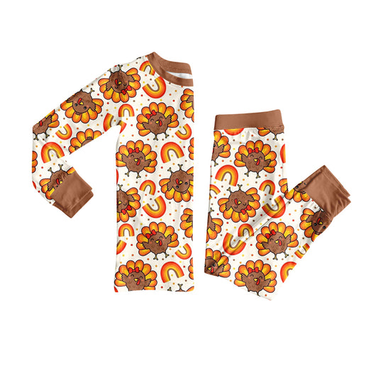 Preorder GLP2613 Thanksgiving Turkey Rainbow Polka Dot  Brown Long Sleeve Pants Pajamas Girls Set 202507