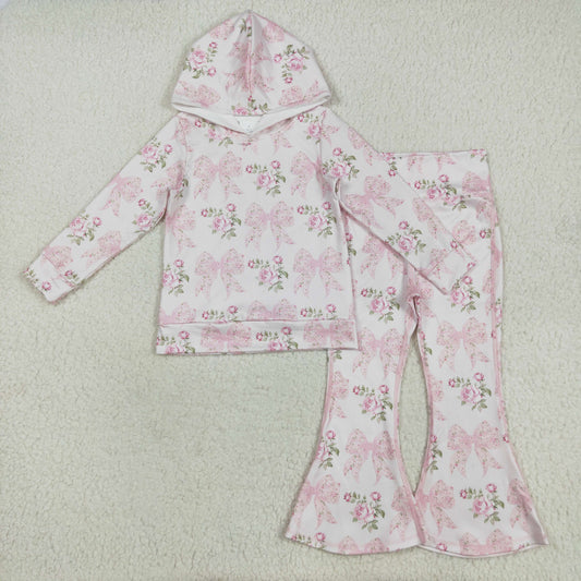 GLP2614 Girls Bow Flower Light Pink Hooded Long Sleeve Bell Bottom Pants Sets 202507 RTS