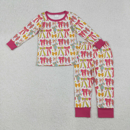 GLP2615 Bows Pattern Rose Red Long Sleeve Pants Girls Pajamas Set 202509 RTS