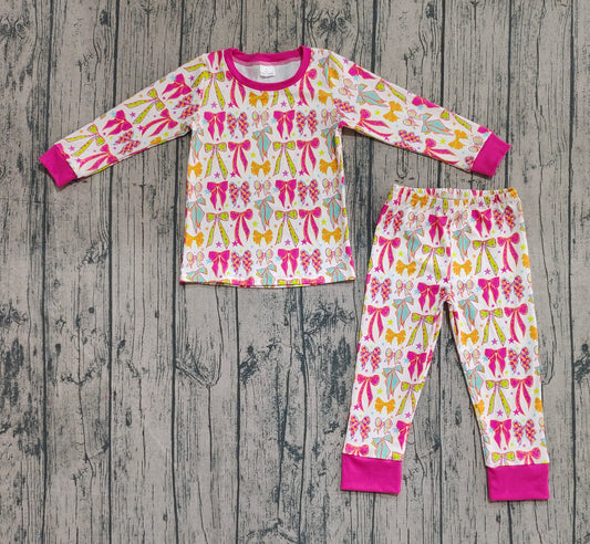Preorder GLP2615 Bows Pattern Rose Red Long Sleeve Pants Girls Pajamas Set 202508