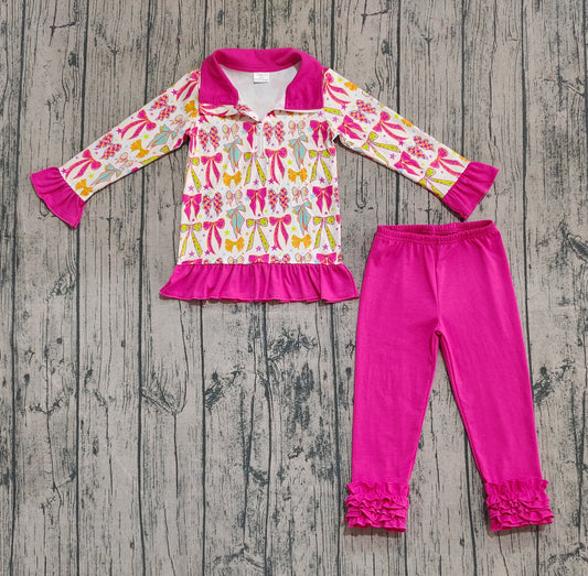 Preorder GLP2616 Bows Pattern Rose Red Ruffle Stand-Up Long Sleeve Pants Girls Set 202508