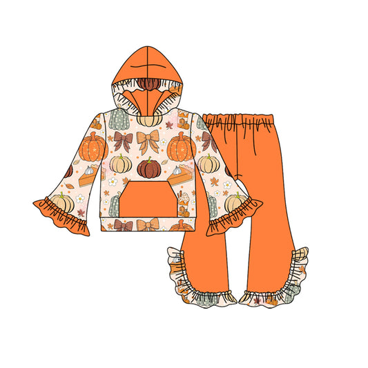 Preorder GLP2618 Thanksgiving Pumpkin Bows Pocket Orange Ruffle Hooded Long Sleeve Pants Girls Set 202507