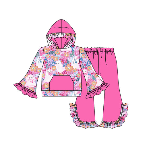 Preorder GLP2619 Halloween Floral Ghost Pocket Rose Red Ruffle Hooded Long Sleeve Pants Girls Set 202507