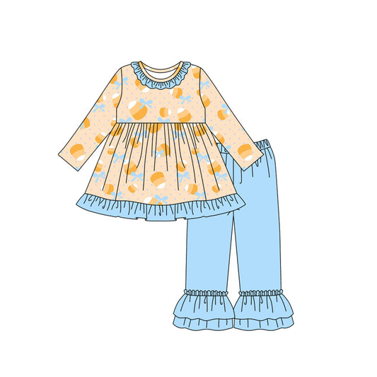 Preorder GLP2620 Candy Bows Blue Ruffle Long Sleeve Pants Girls Set 202507