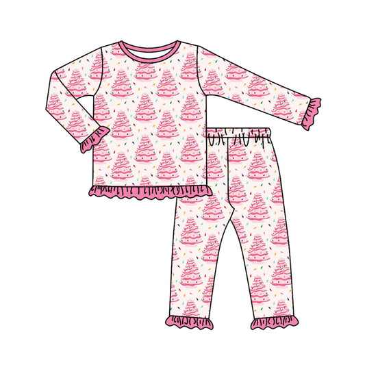 Preorder GLP2623 Christmas Santa Tree Rose Red Ruffle Long Sleeve Pants Girls Pajamas Set 202507