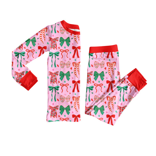 Preorder GLP2624 Christmas Bows Red Long Sleeve Pants Girls Pajamas Set 202507
