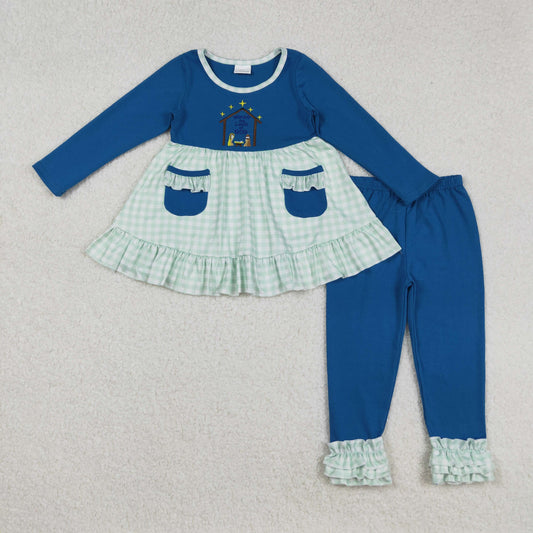 GLP2625 Embroidered Christmas Jesus Pocket Plaid Ruffle Long Sleeve Pants Girls Set 202509 RTS