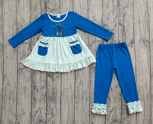 GLP2625 Embroidered Christmas Jesus Pocket Plaid Ruffle Long Sleeve Pants Girls Set 202509 RTS