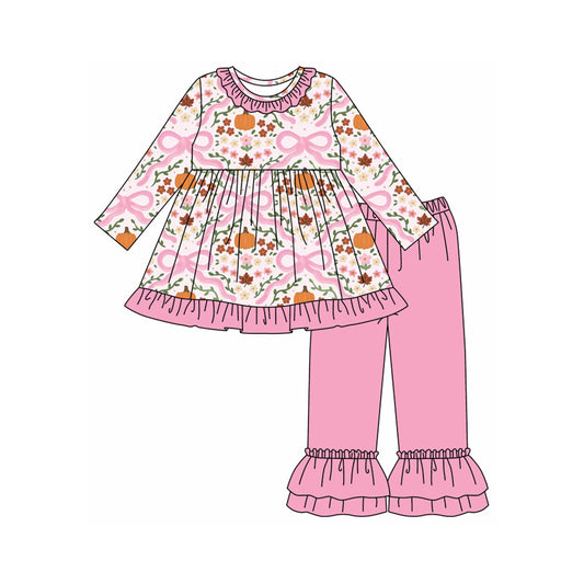 Preorder GLP2626 Halloween Pumpkin Bows Ruffle Pink Long Sleeve Pants Girls Set 202507
