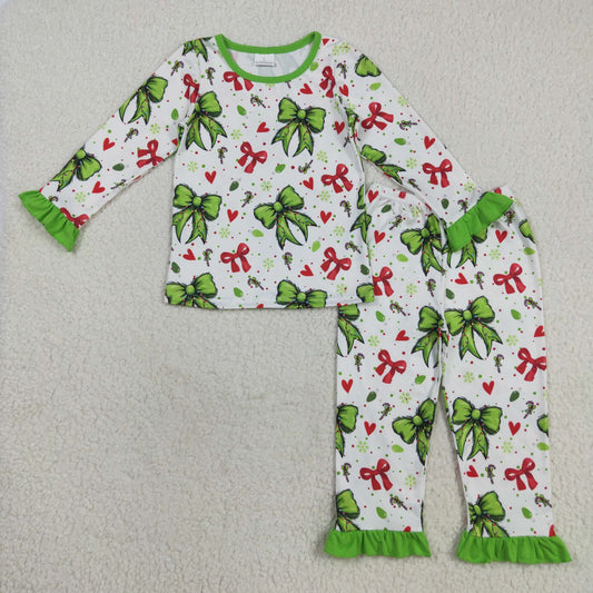 GLP2628 Christmas Love Heart Bow Green Ruffle Long Sleeve Pants Girls Pajamas Set 202508 RTS