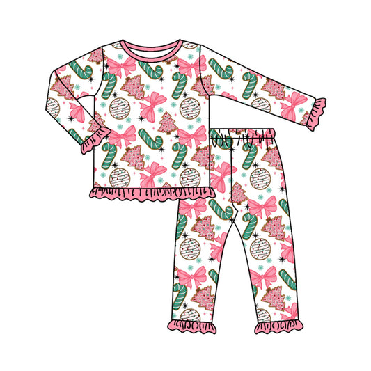 Preorder GLP2632 Christmas Bows Tree Star Pink Ruffle Long Sleeve Pants Girls Pajamas Set 202507