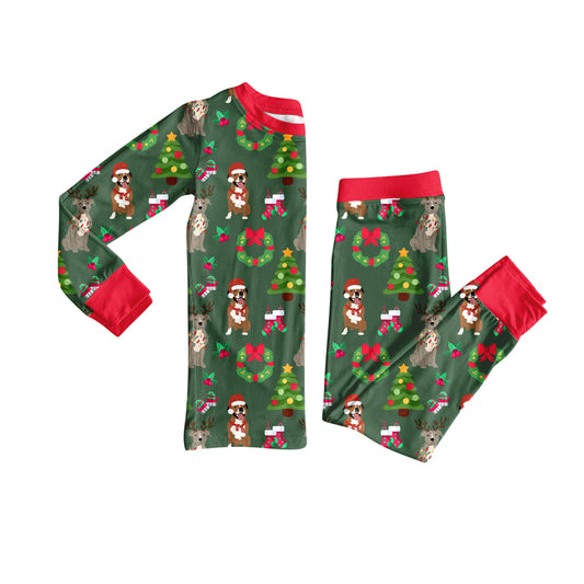 Preorder GLP2633 Christmas Puppy Deer Red Green Long Sleeve Pants Girls Pajamas Set 202507