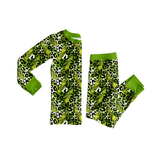 Preorder GLP2634 Christmas Grinch Leopard Green Long Sleeve Pants Girls Pajamas Set 202507