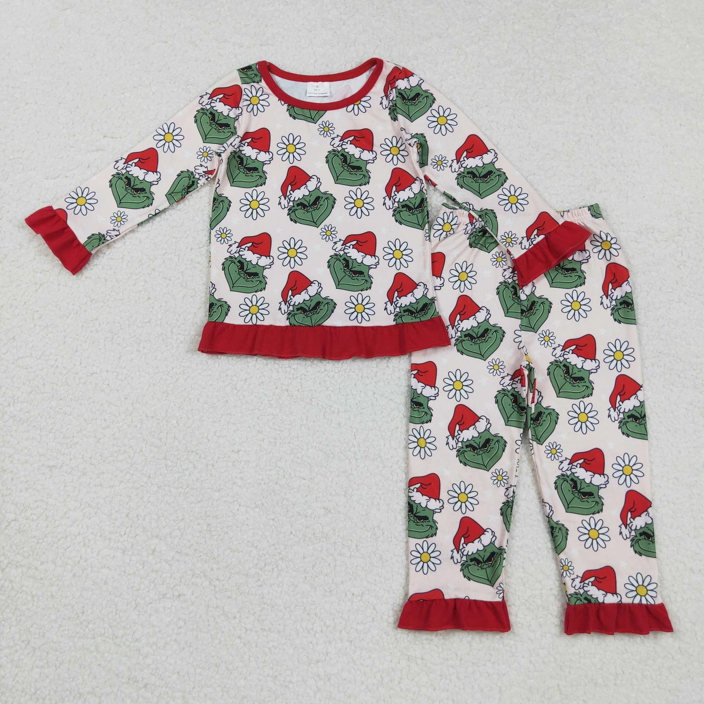 GLP2635 Christmas Grinch Flower Red Ruffle Long Sleeve Pants Girls Pajamas Set 202508 RTS