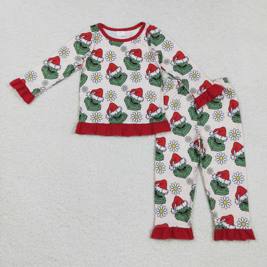 GLP2635 Christmas Grinch Flower Red Ruffle Long Sleeve Pants Girls Pajamas Set 202508 RTS