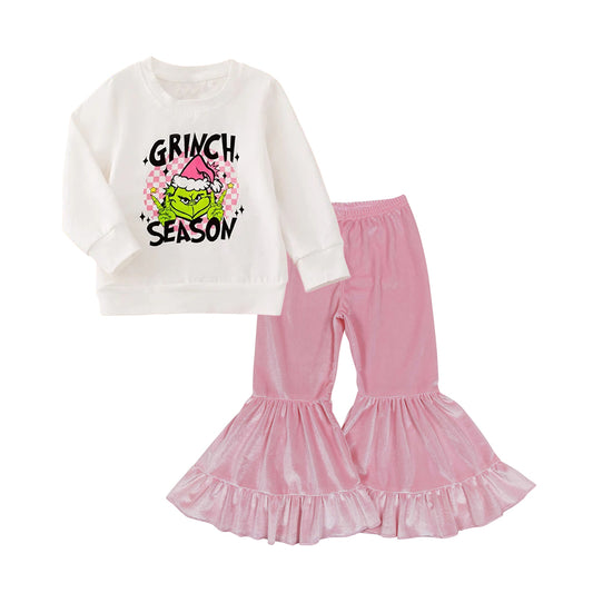 Preorder GLP2636 Christmas Grinch White Long Sleeve Pink Velvet Bell Bottom Pants Girls Set 202507