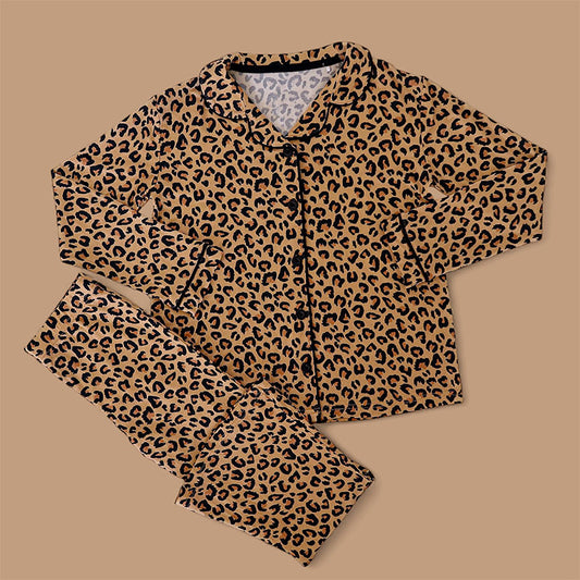 Preorder GLP2637 Leopard Polo Button Long Sleeve Pants Girls Pajamas Set 202507