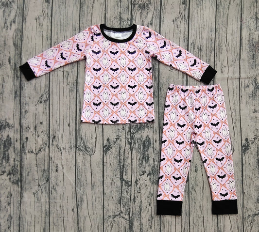 GLP2639 Halloween Ghost Bats Bows Pink O-Neck Long Sleeve Pants Girls Pajamas Set 202509 RTS