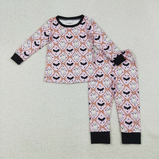GLP2639 Halloween Ghost Bats Bows Pink O-Neck Long Sleeve Pants Girls Pajamas Set 202509 RTS