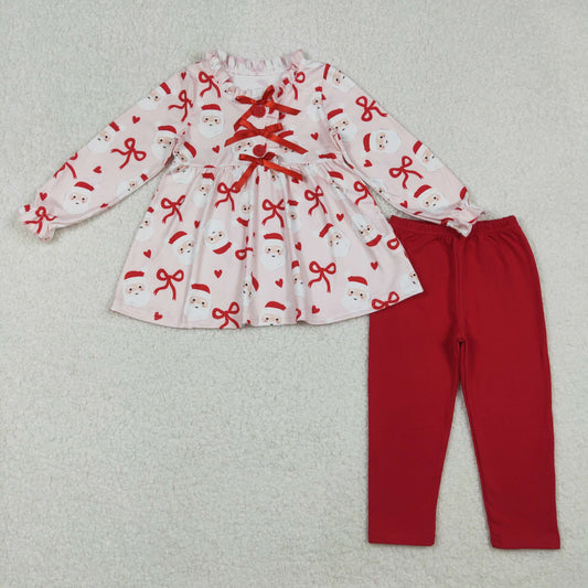 GLP2642 Christmas Claus Pink Ruffle Long Sleeve Red Pants Girls Set 202509 RTS
