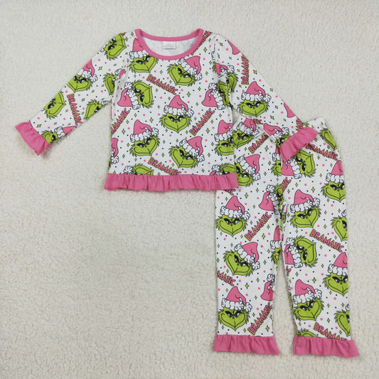 GLP2645 Christmas Grinch Pink Ruffle Long Sleeve Pants Girls Pajamas Set 202508 RTS