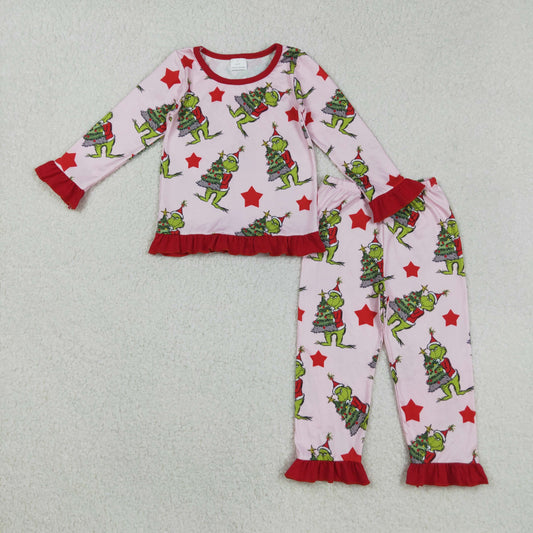 GLP2646 Christmas Grinch Red Ruffle Long Sleeve Pants Girls Pajamas Set 202508 RTS