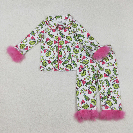 GLP2647 Christmas Grinch Rose Red Plush Long Sleeve Pants Girls Pajamas Sets 202508 RTS