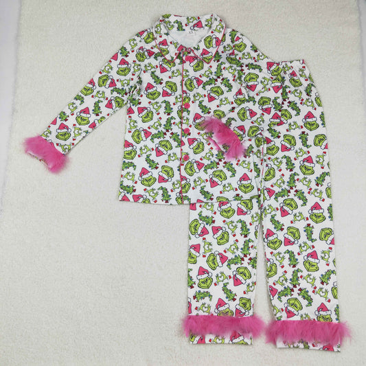 GLP2648 Christmas Grinch Adult Female Rose Red Plush Long Sleeve Pants Girls Pajamas Sets 202509 RTS