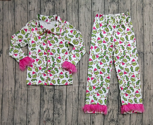 GLP2648 Christmas Grinch Adult Female Rose Red Plush Long Sleeve Pants Girls Pajamas Sets 202509 RTS