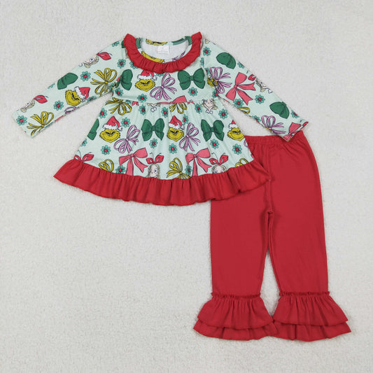 GLP2651 Christmas Bows Cartoon Red Ruffle Long Sleeve Pants Girls Set 202509 RTS