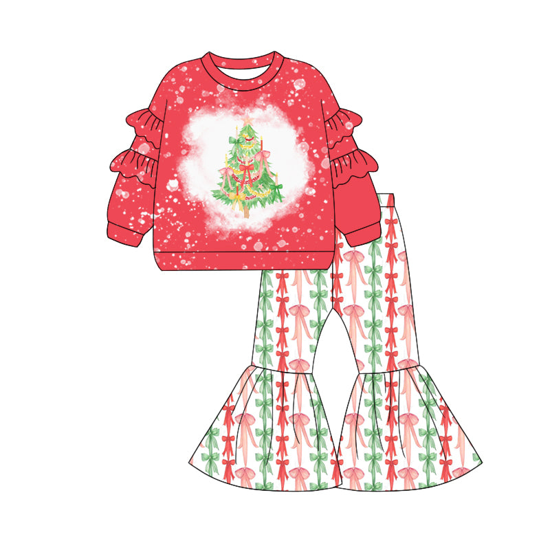 Preorder GLP2652 Christmas Tree Bows Red Ruffle Long Sleeve Stripe Bell Bottom Pants Girls Set 202507