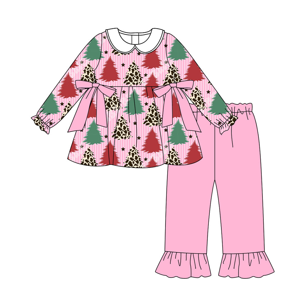 Preorder GLP2653 Christmas Tree Bows Stripe Doll Collar Pink Long Sleeve Pants Girls Set 202507